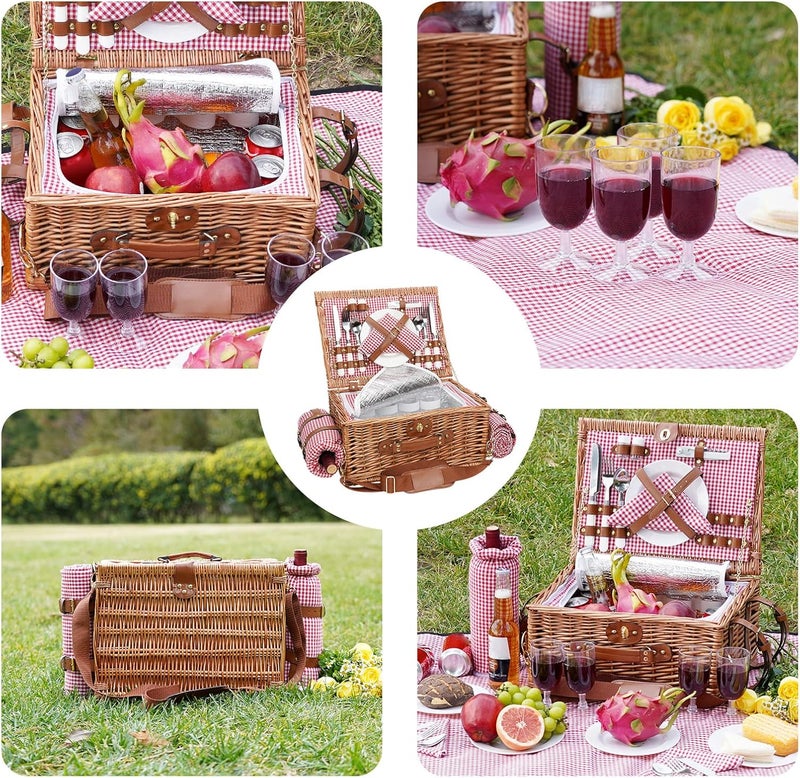 WILLOW WEAVE Picnic Basket for 4, Insulated Willow Picnic Baskets with Shoulder Strap, Picnic Hamper with Waterproof Picnic Blanket, Handmade Wicker Hamper for Outdoor, Great Gifts for Thanksgiving, Christmas - Image 2